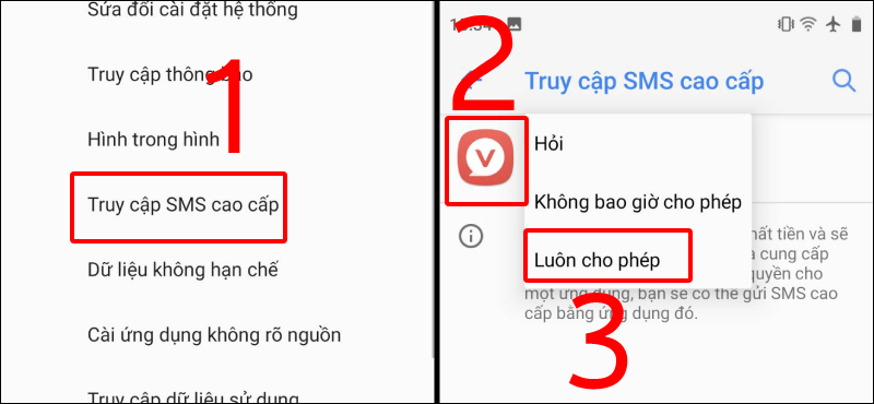 Nhấn Luôn cho phép để có thể gửi tin nhắn cho tổng đài